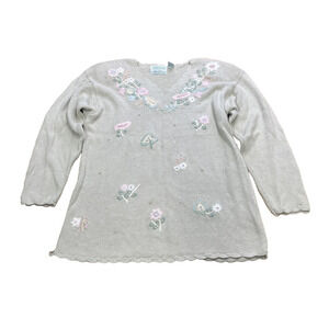 Vintage Shenanigans Sweater Embroidered Floral Grandmacore Cream Size S Mature